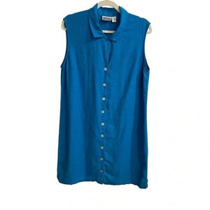 VINTAGE Chico’s 100% Linen Button Up Dress‎ Size M (2) Blue Coastal Beach Casual